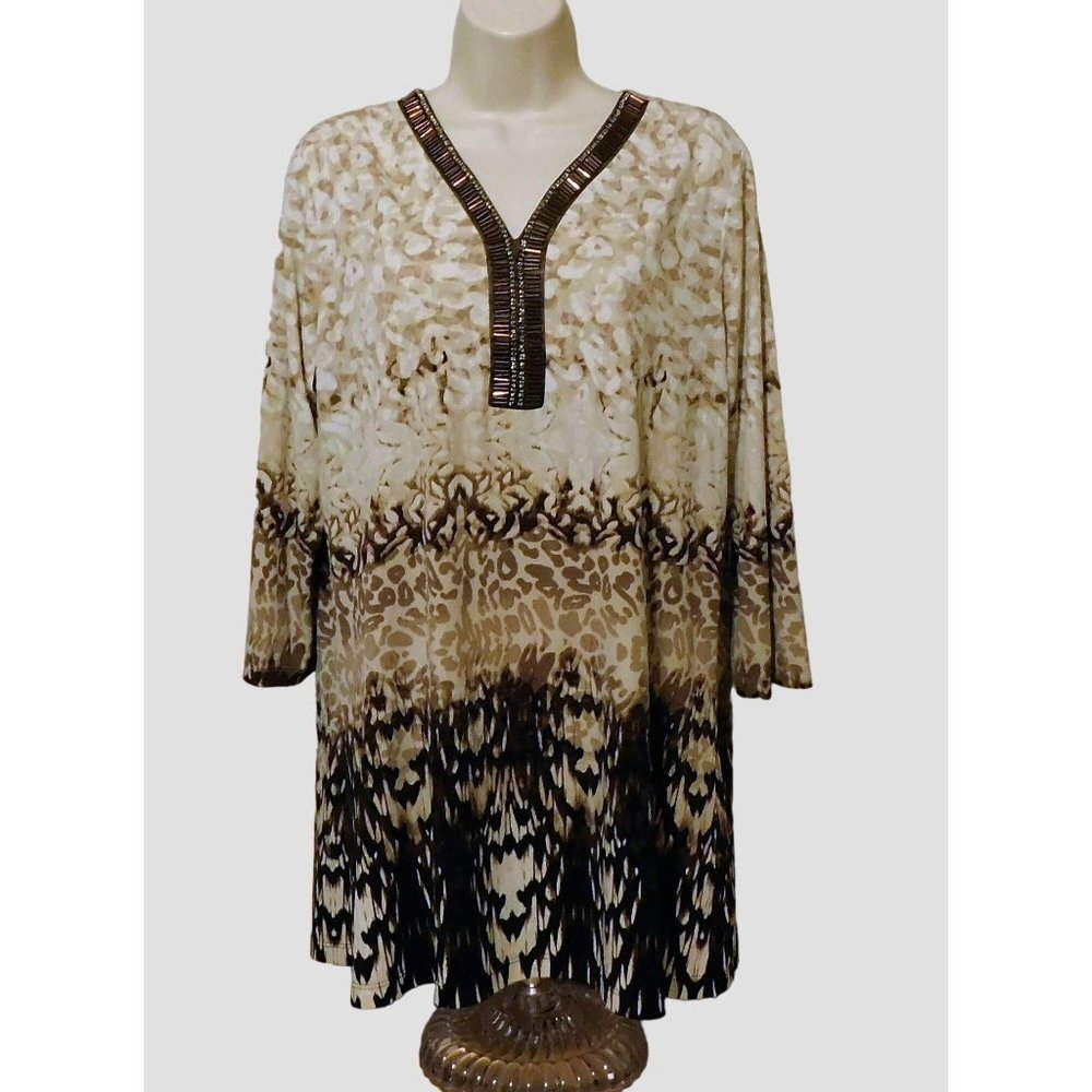 Christopher & Banks Blouse L Brown Tan Shirt 3/4 Sleeves Beaded Poly Blend